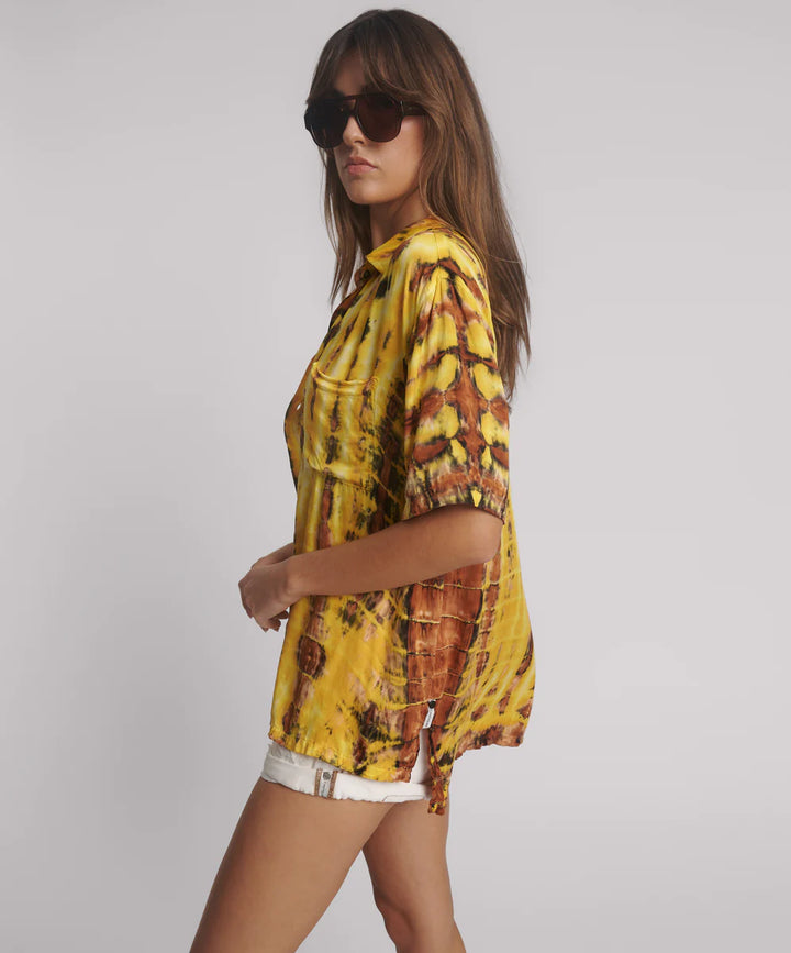 ONE TEASPOON Womens Tropical Satin Hand Printed Short Sleeve Shirt - Yellow, WOMENS TOPS & SHIRTS, OneTeaspoon, Elwood 101