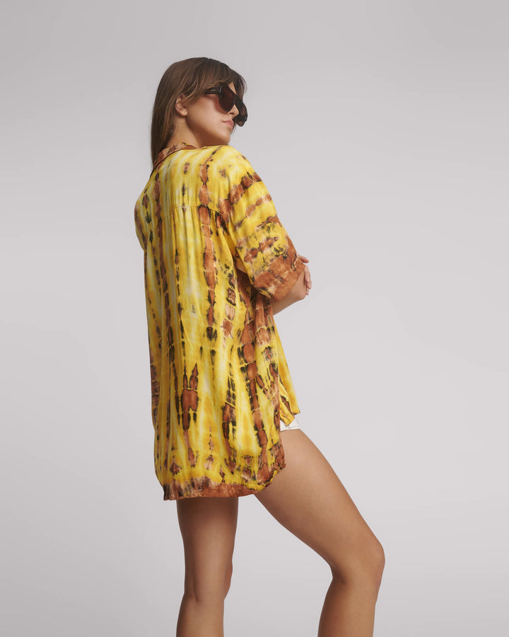 ONE TEASPOON Womens Tropical Satin Hand Printed Short Sleeve Shirt - Yellow, WOMENS TOPS & SHIRTS, OneTeaspoon, Elwood 101