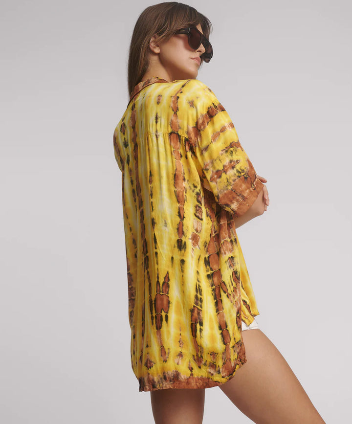 ONE TEASPOON Womens Tropical Satin Hand Printed Short Sleeve Shirt - Yellow, WOMENS TOPS & SHIRTS, OneTeaspoon, Elwood 101