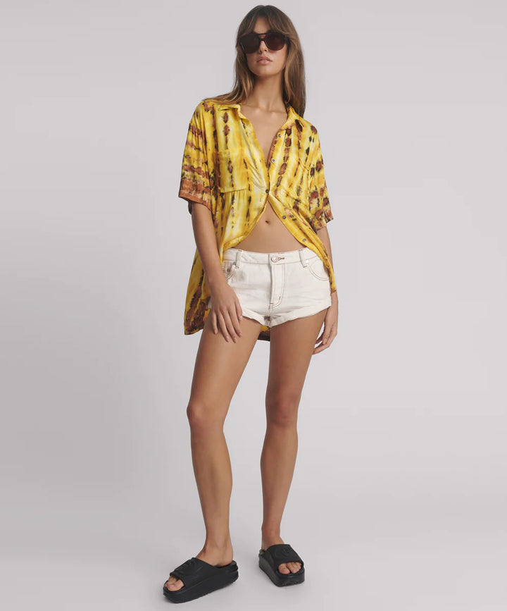 ONE TEASPOON Womens Tropical Satin Hand Printed Short Sleeve Shirt - Yellow, WOMENS TOPS & SHIRTS, OneTeaspoon, Elwood 101