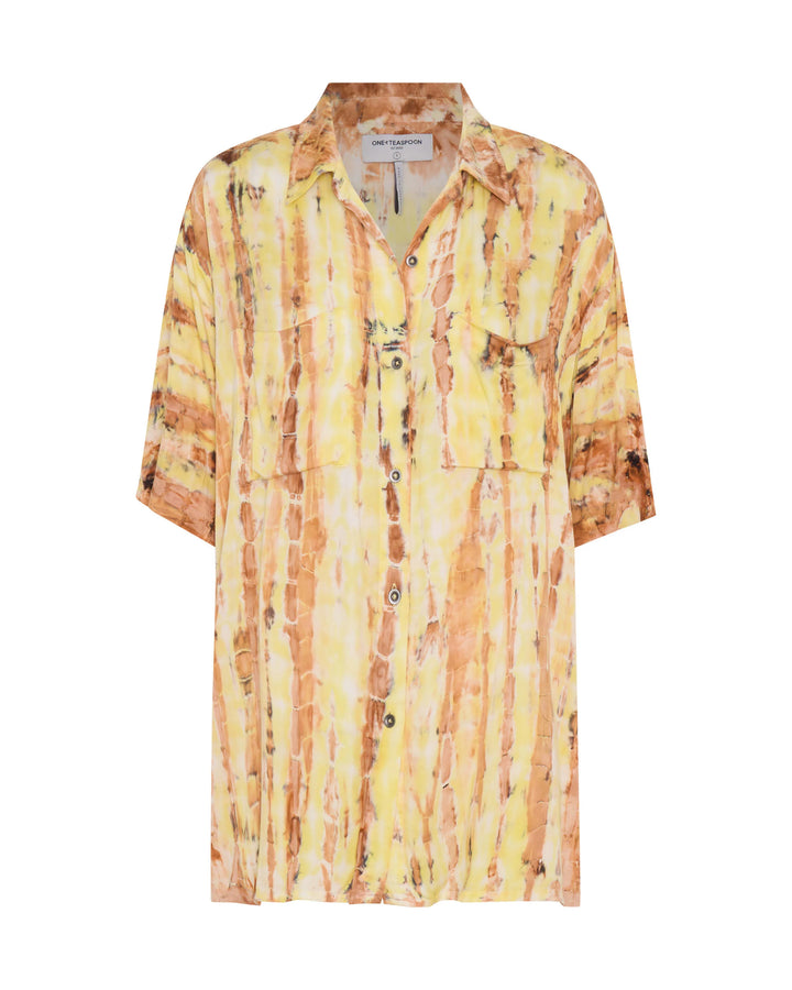 ONE TEASPOON Womens Tropical Satin Hand Printed Short Sleeve Shirt - Yellow, WOMENS TOPS & SHIRTS, OneTeaspoon, Elwood 101