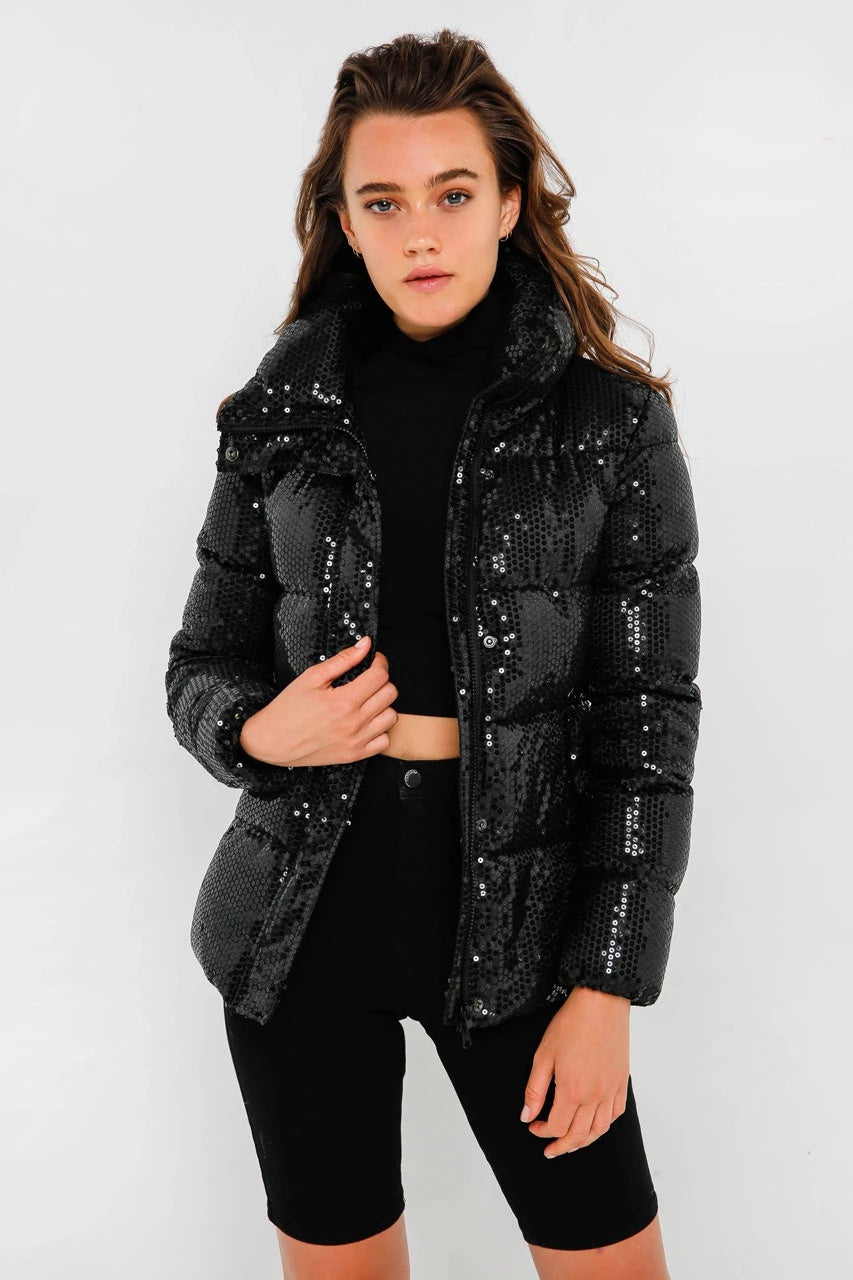 Unreal Fur WOMENS DESIRE SEQUIN PUFFER JACKET BLACK