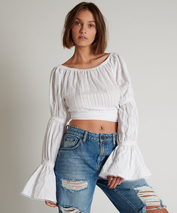 OneTeaspoon WOMENS SUMMER NIGHTS  LONG SLEEVE CROP TOP - WHITE, WOMENS TOPS & SHIRTS, OneTeaspoon, Elwood 101