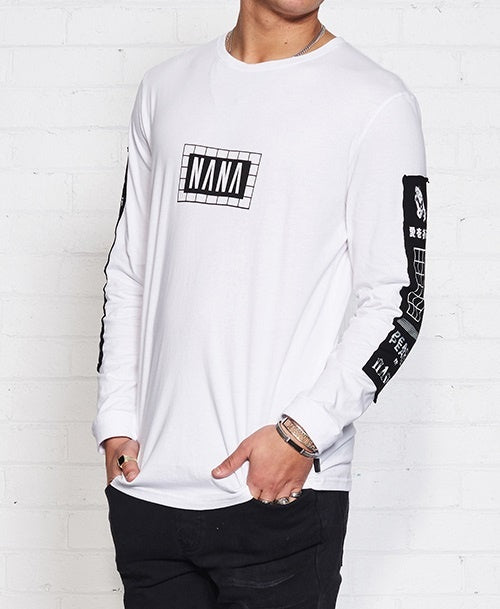 nANA jUDY MENS ORIGIN LONG SLEEVE TEE SHIRT WHITE, MENS TEE SHIRTS, NANA JUDY, Elwood 101