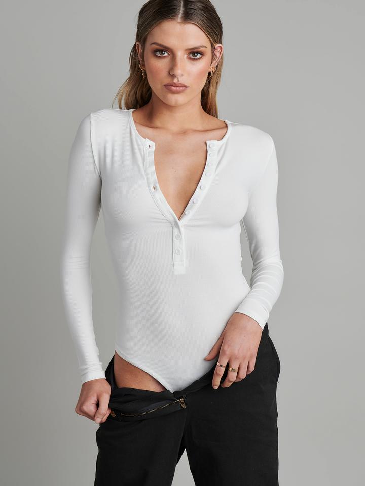 Bayse Brand Womens Lara Long Sleeve Crew Neck Button Down Bodysuit White, WOMENS BODYSUITS, BAYSE BRAND, Elwood 101