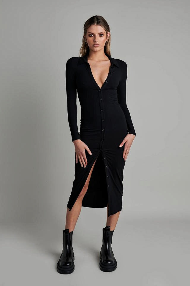 Bayse Brand WOMENS POLO LONG SLEEVE MAXI DRESS BLACK