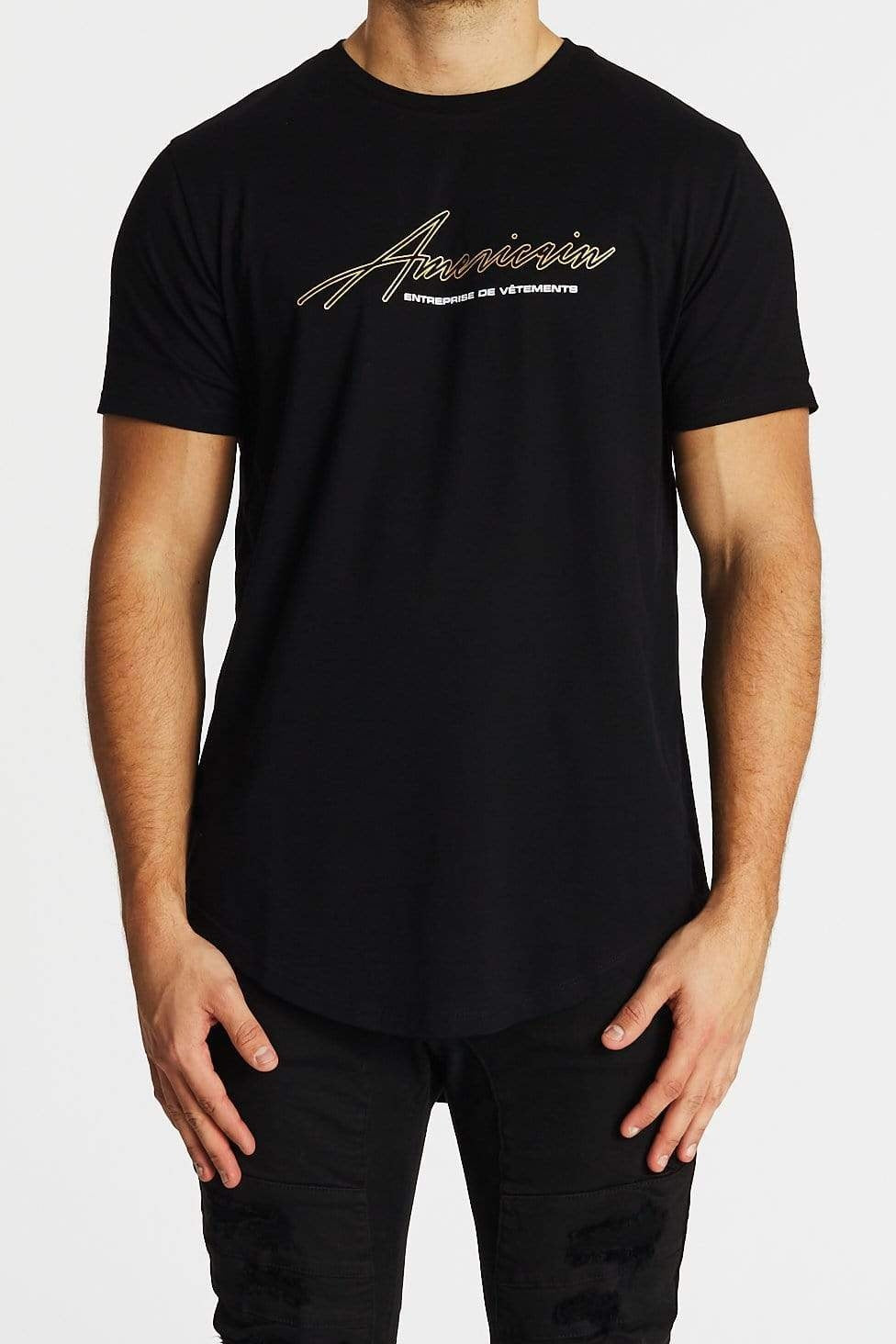 Americain MENS A LA MORT DUAL CURVED HEM TEE - JET BLACK, MENS TEE SHIRTS, AMERICAIN, Elwood 101