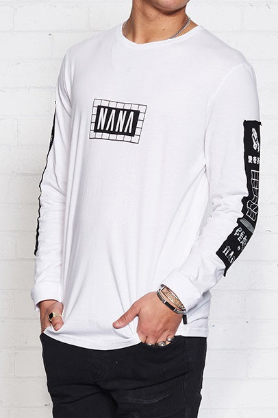 nANA jUDY MENS ORIGIN LONG SLEEVE TEE SHIRT WHITE, MENS TEE SHIRTS, NANA JUDY, Elwood 101