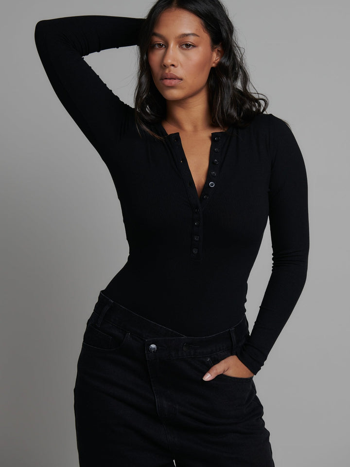 Bayse Brand Womens Lara Long Sleeve Crew Neck Button Down Bodysuit Black, WOMENS BODYSUITS, BAYSE BRAND, Elwood 101