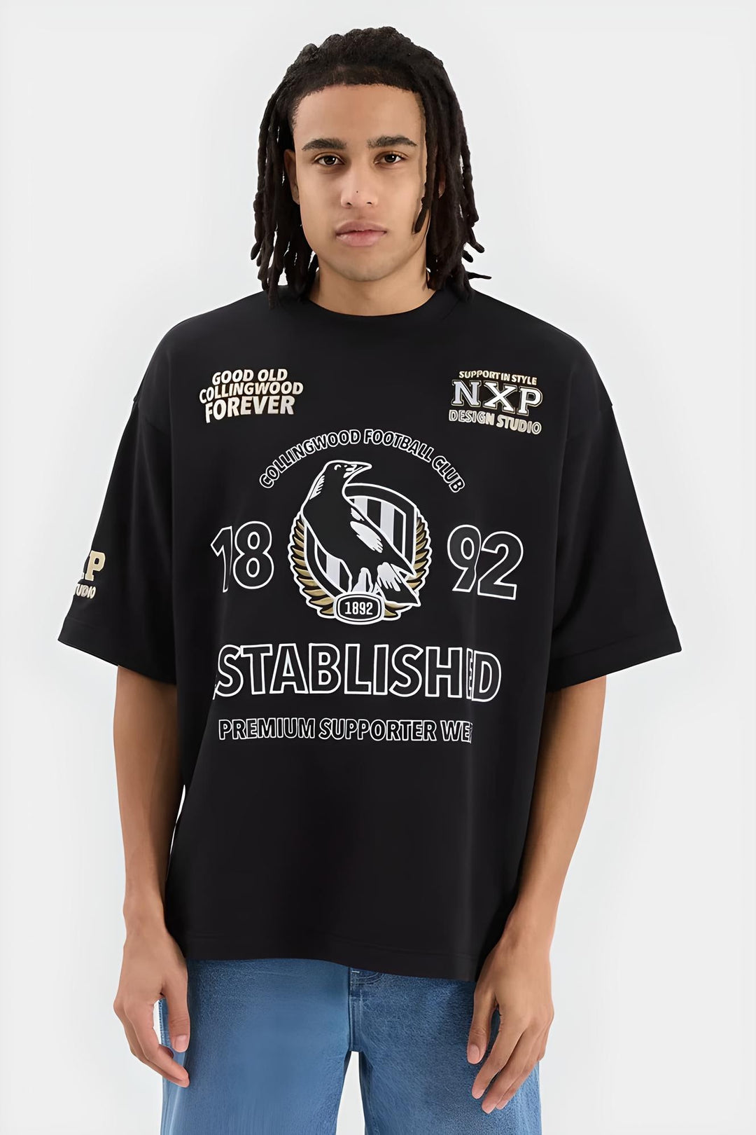 NENA & PASADENA  AFL Mens Collingwood Magpies Mega Loop Back Tee Shirt - Jet Black, MENS TEE SHIRTS, NENA PASADENA, Elwood 101
