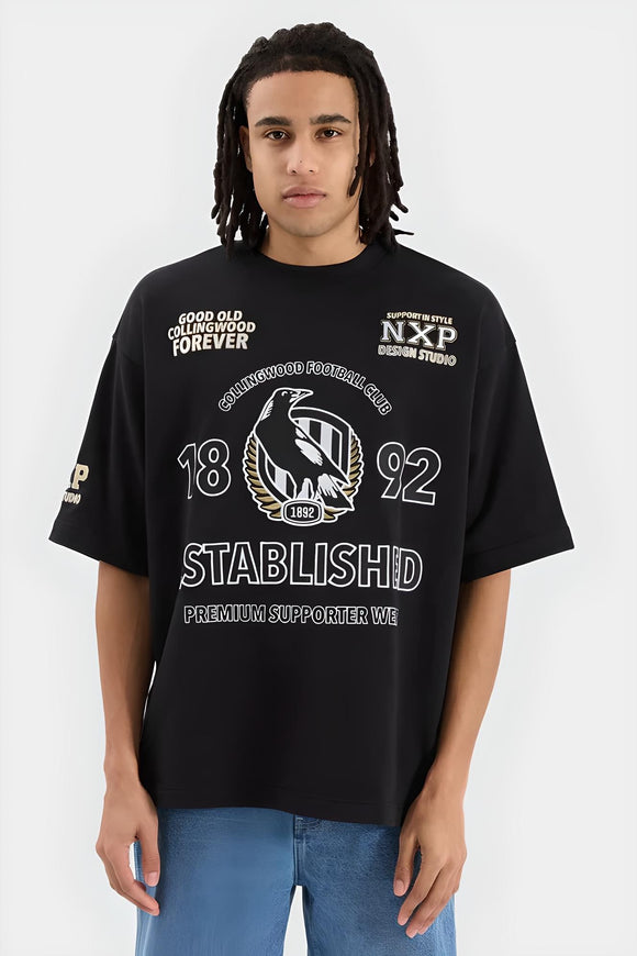 NENA & PASADENA  AFL Mens Collingwood Magpies Mega Loop Back Tee Shirt - Jet Black, MENS TEE SHIRTS, NENA PASADENA, Elwood 101