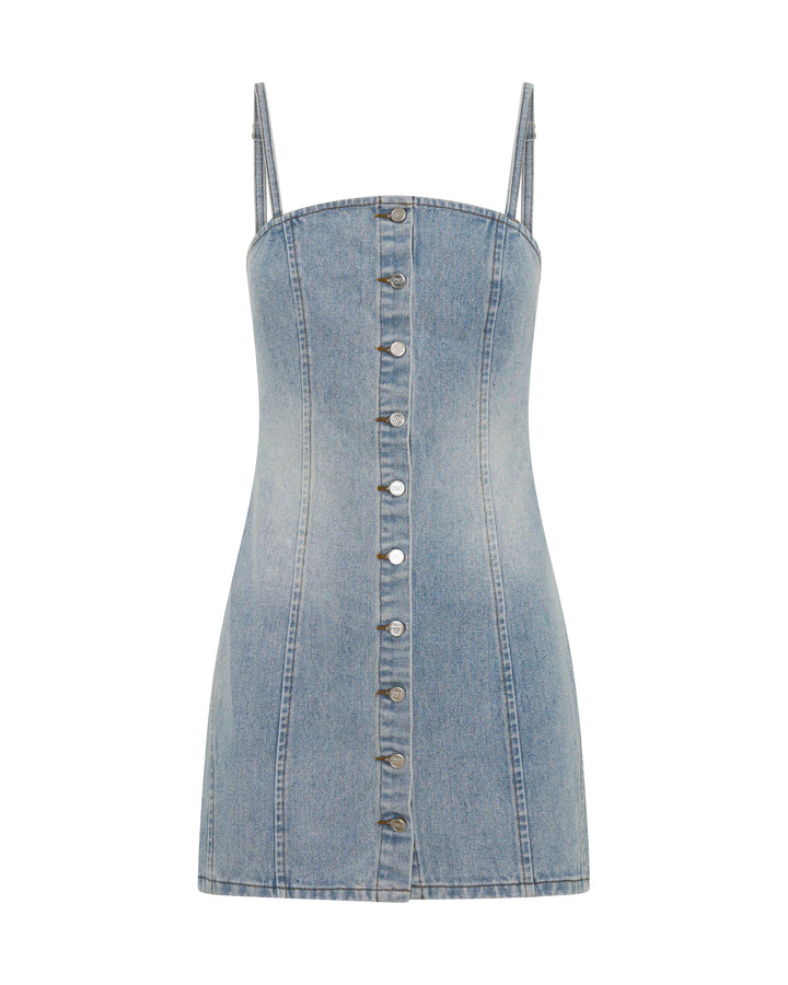 ONE TEASPOON Womens Riviera Fitted Strappy Mini Denim Dress in Hendrixe Blue
