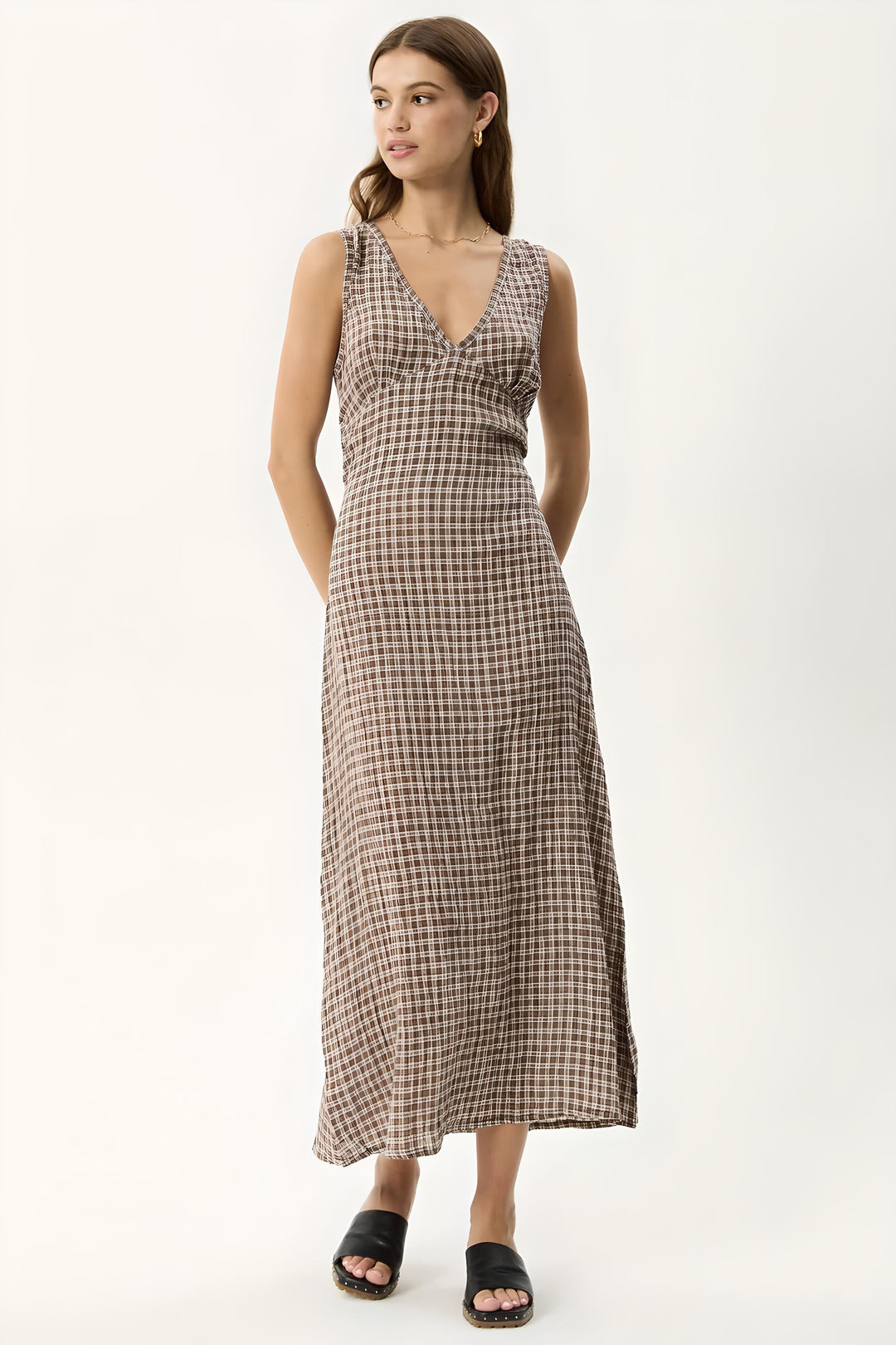 AFENDS Womens Base - Seersucker Check Maxi Dress - Coffee Check, WOMENS DRESSES, AFENDS, Elwood 101