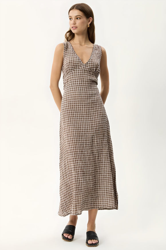 AFENDS Womens Base - Seersucker Check Maxi Dress - Coffee Check, WOMENS DRESSES, AFENDS, Elwood 101
