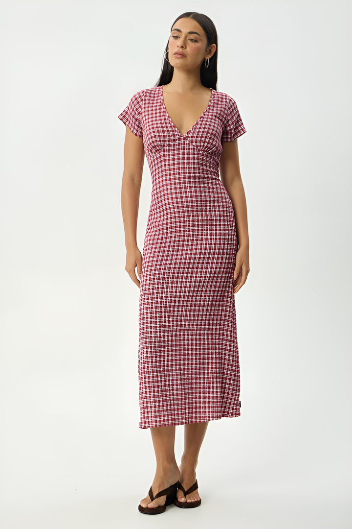 AFENDS Womens Base Maeve - Seersucker Maxi Dress in Burgundy Check, WOMENS DRESSES, AFENDS, Elwood 101