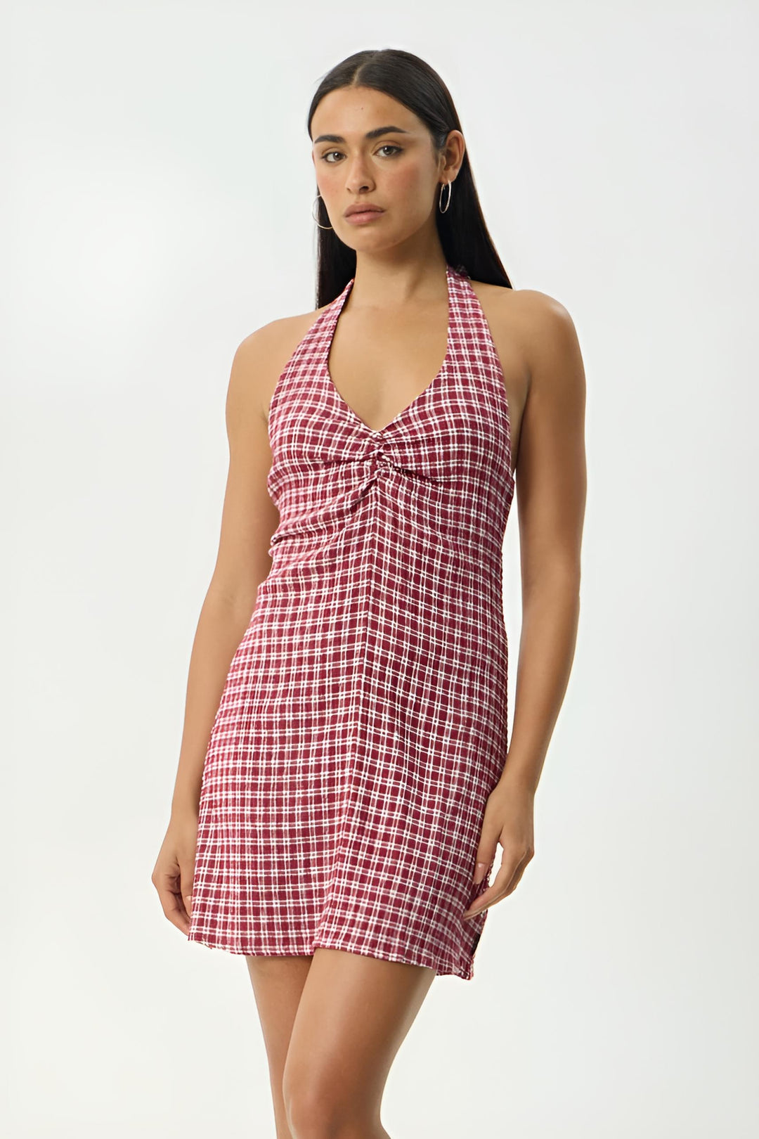 AFENDS Womens Base Montana - Seersucker Halter Mini Dress in Burgundy Check, WOMENS DRESSES, AFENDS, Elwood 101