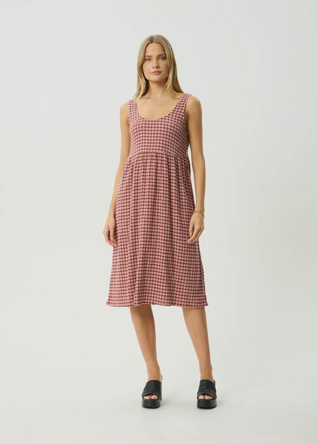 Buy AFENDS Capricorn Hemp Seersucker Midi Dress – Burgundy Check