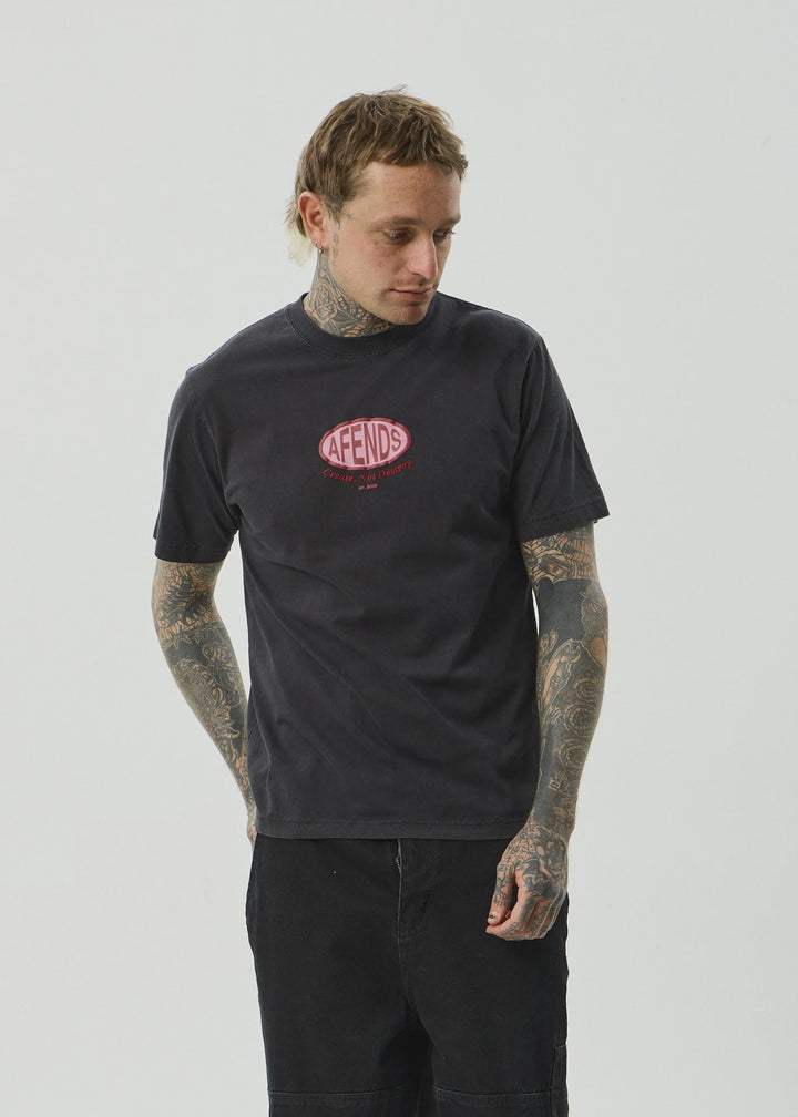 AFENDS Mens Destroyed Retro Tee in Stone Black