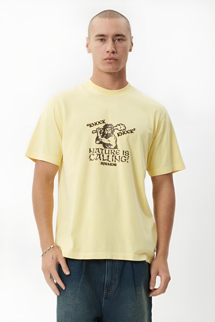 AFENDS Mens Knock Knock - Retro Tee - Washed Lemon