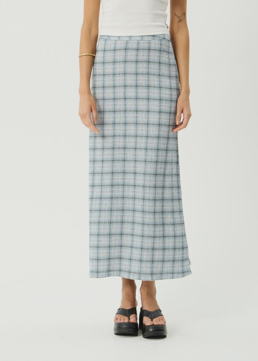 AFENDS Womens Lagoon Seersucker Maxi Skirt in Overcast Check, WOMENS SKIRTS, AFENDS, Elwood 101
