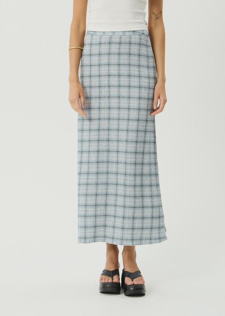 AFENDS Womens Lagoon Seersucker Maxi Skirt in Overcast Check, WOMENS SKIRTS, AFENDS, Elwood 101