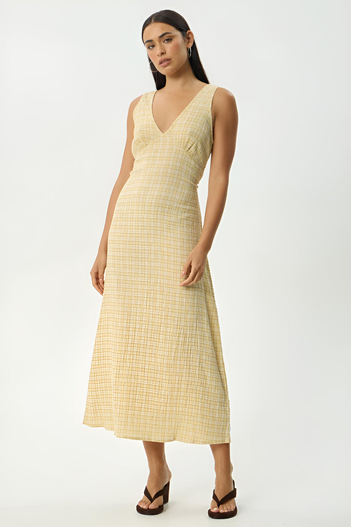AFENDS Womens Sunday - Seersucker Check Maxi Dress - Lemon Check, WOMENS DRESSES, AFENDS, Elwood 101