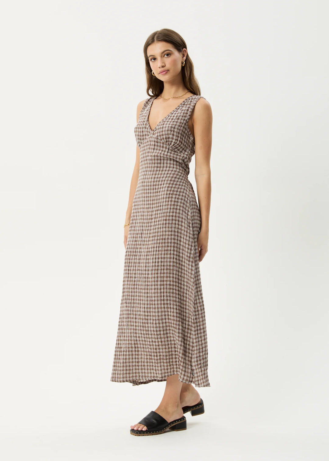 AFENDS Womens Base - Seersucker Check Maxi Dress - Coffee Check, WOMENS DRESSES, AFENDS, Elwood 101