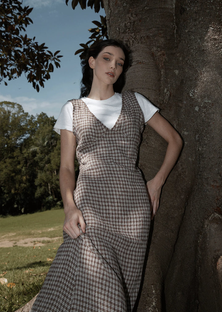 AFENDS Womens Base - Seersucker Check Maxi Dress - Coffee Check, WOMENS DRESSES, AFENDS, Elwood 101