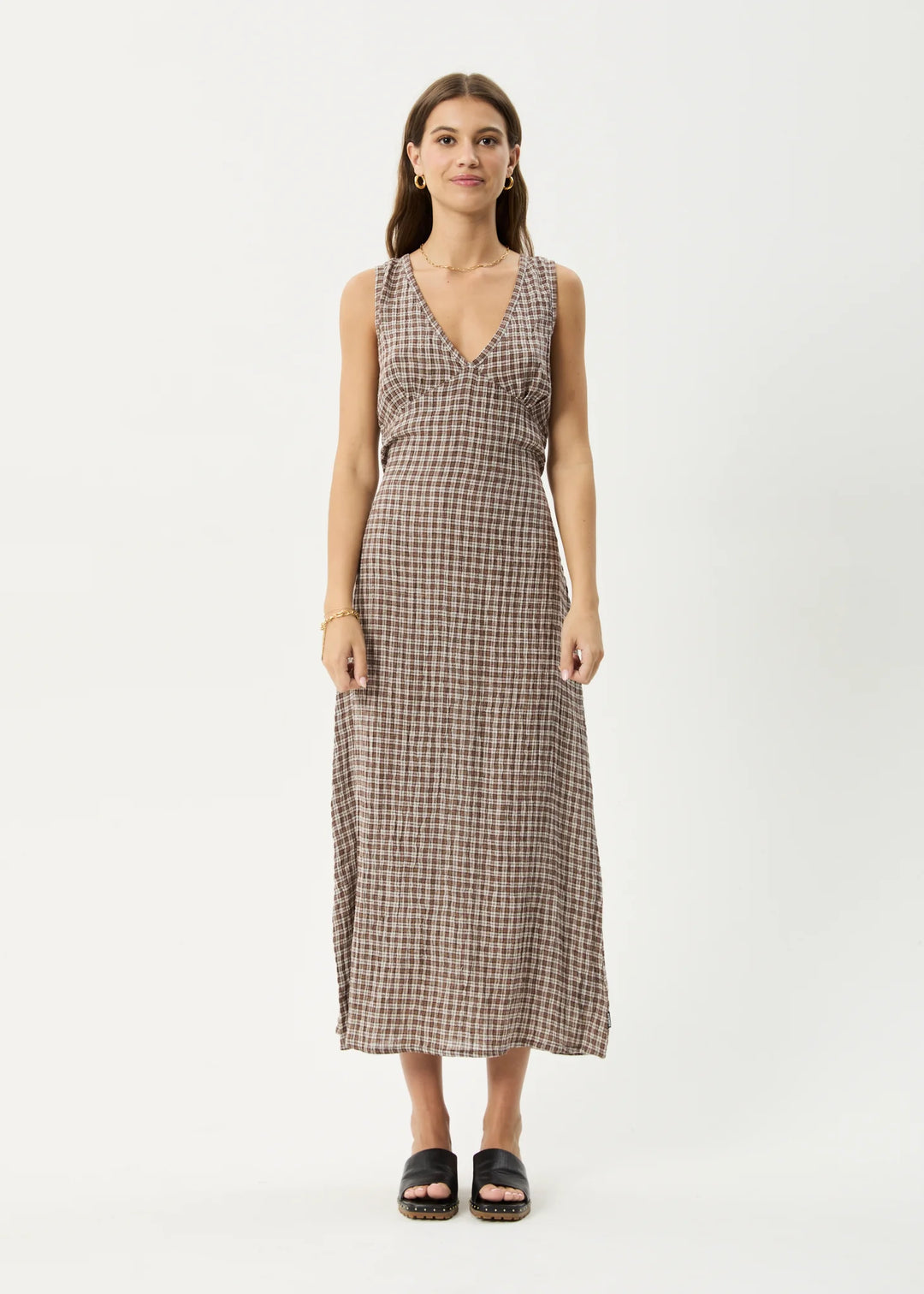 AFENDS Womens Base - Seersucker Check Maxi Dress - Coffee Check, WOMENS DRESSES, AFENDS, Elwood 101