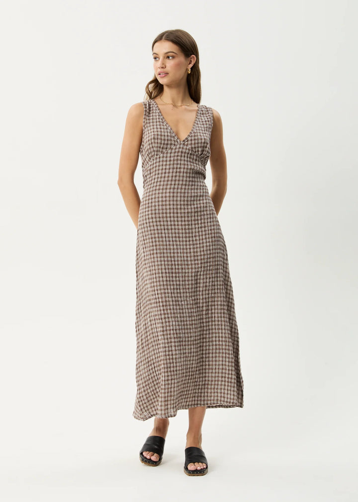 AFENDS Womens Base - Seersucker Check Maxi Dress - Coffee Check, WOMENS DRESSES, AFENDS, Elwood 101