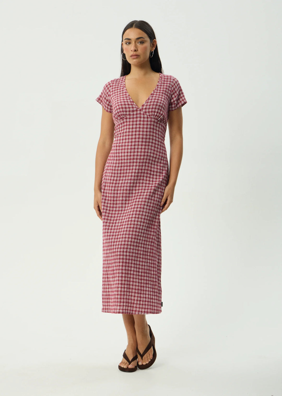 AFENDS Womens Base Maeve - Seersucker Maxi Dress in Burgundy Check, WOMENS DRESSES, AFENDS, Elwood 101