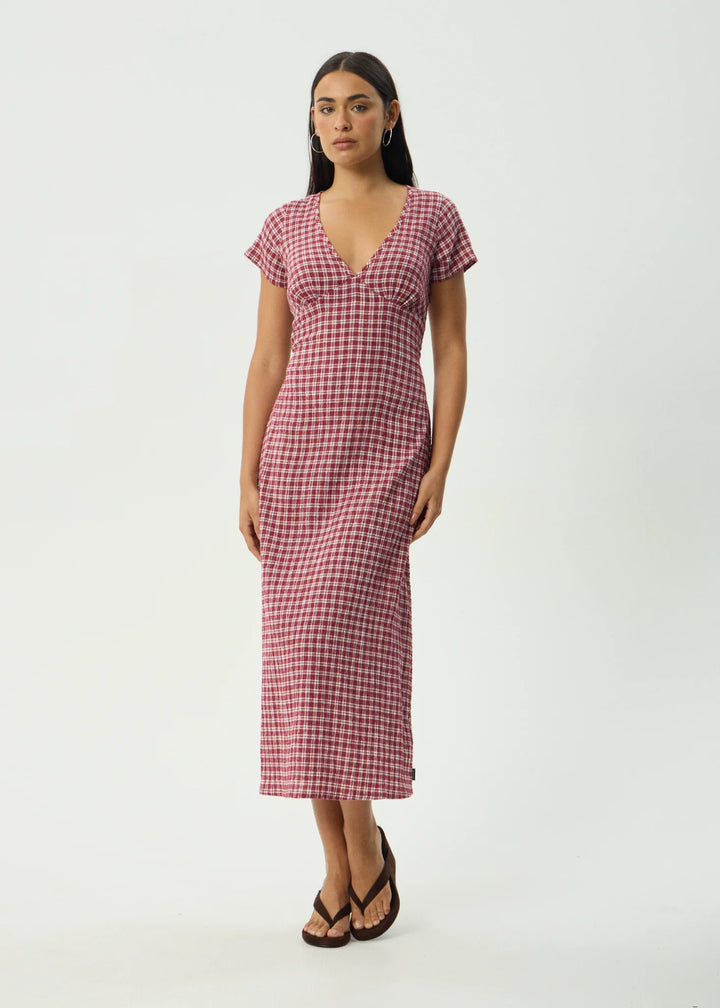 AFENDS Womens Base Maeve - Seersucker Maxi Dress in Burgundy Check, WOMENS DRESSES, AFENDS, Elwood 101