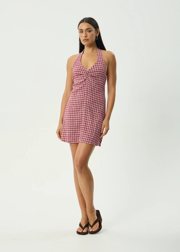 AFENDS Womens Base Montana - Seersucker Halter Mini Dress in Burgundy Check, WOMENS DRESSES, AFENDS, Elwood 101