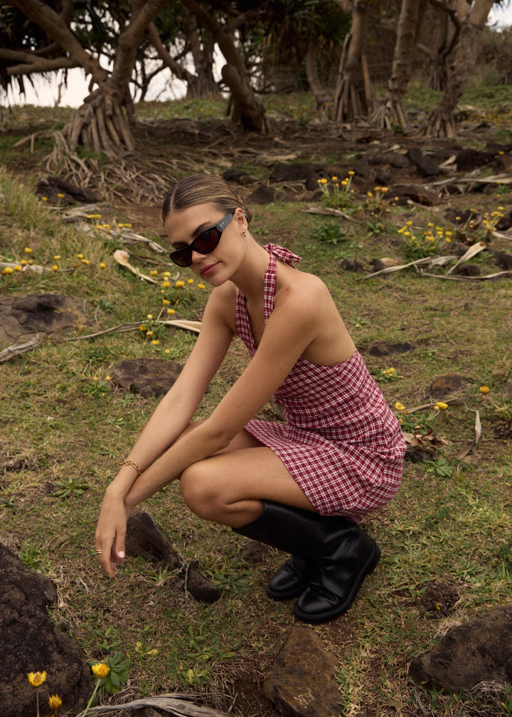 AFENDS Womens Base Montana - Seersucker Halter Mini Dress in Burgundy Check, WOMENS DRESSES, AFENDS, Elwood 101