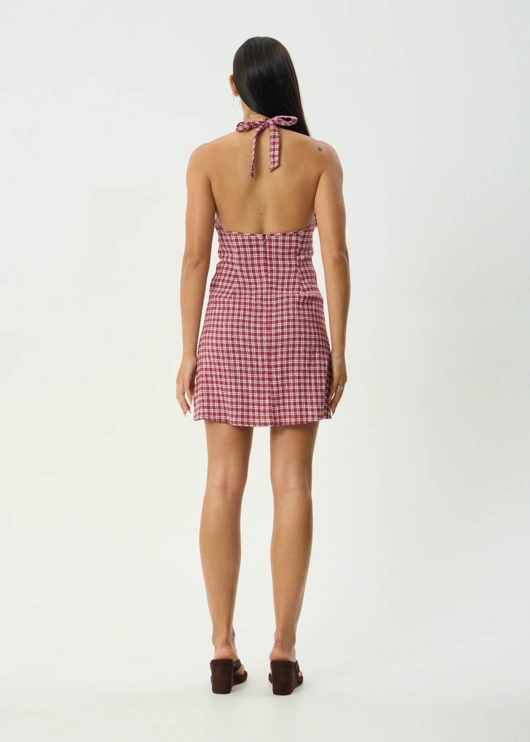 AFENDS Womens Base Montana - Seersucker Halter Mini Dress in Burgundy Check, WOMENS DRESSES, AFENDS, Elwood 101