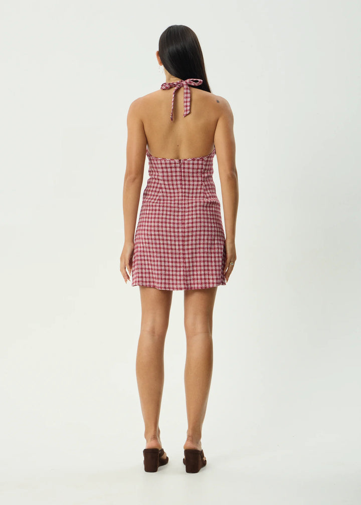 AFENDS Womens Base Montana - Seersucker Halter Mini Dress in Burgundy Check, WOMENS DRESSES, AFENDS, Elwood 101