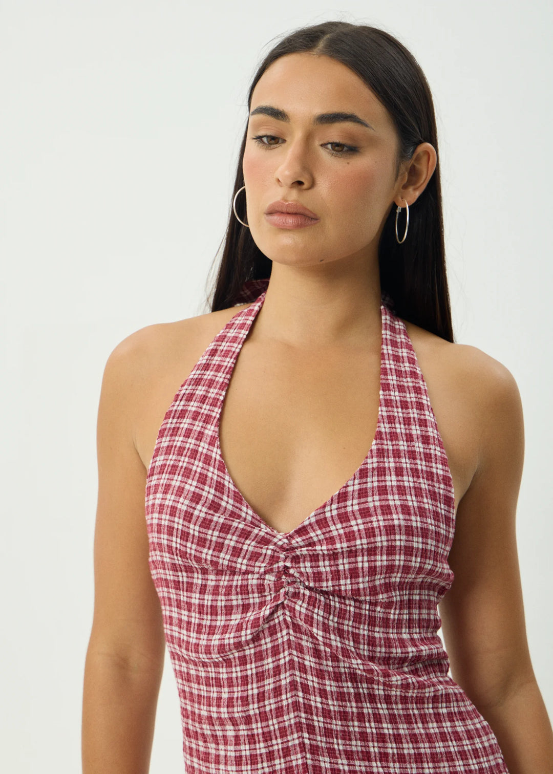 AFENDS Womens Base Montana - Seersucker Halter Mini Dress in Burgundy Check, WOMENS DRESSES, AFENDS, Elwood 101