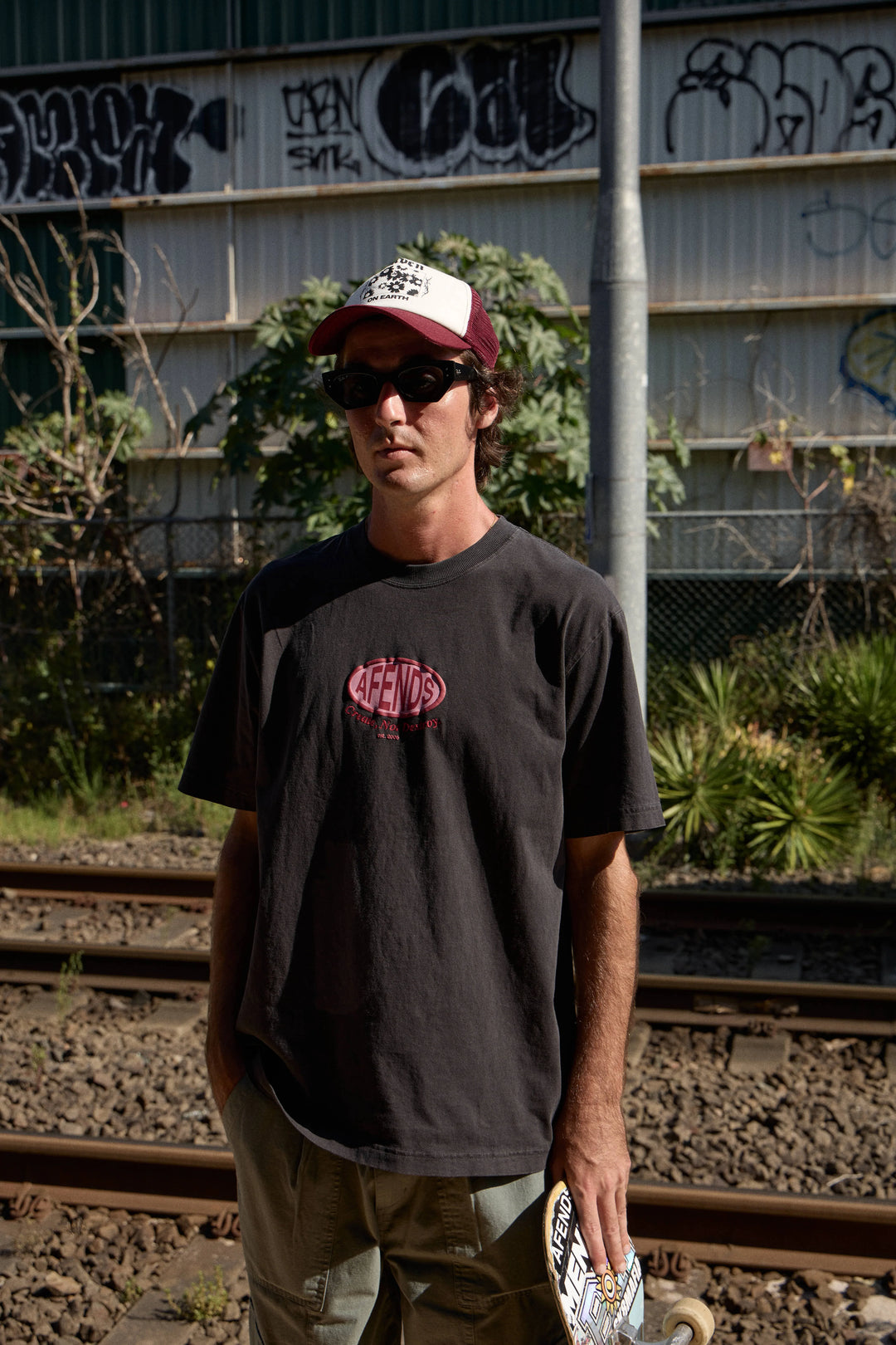 AFENDS Mens Destroyed Retro Tee in Stone Black