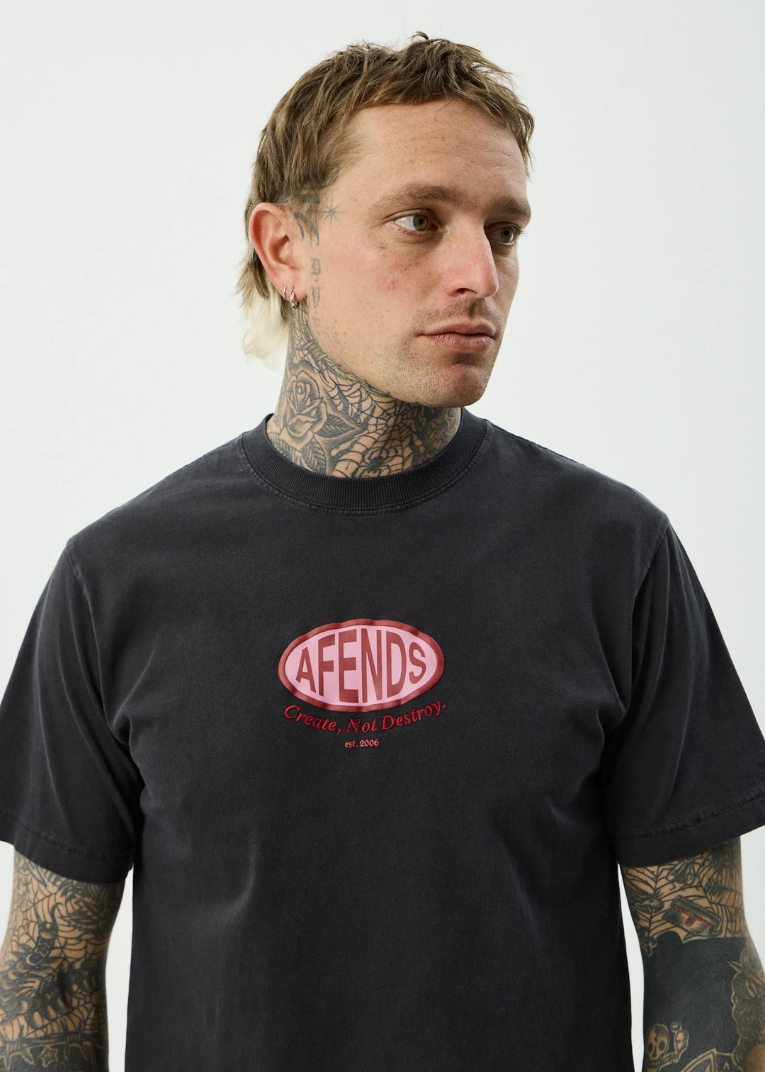 AFENDS Mens Destroyed Retro Tee in Stone Black