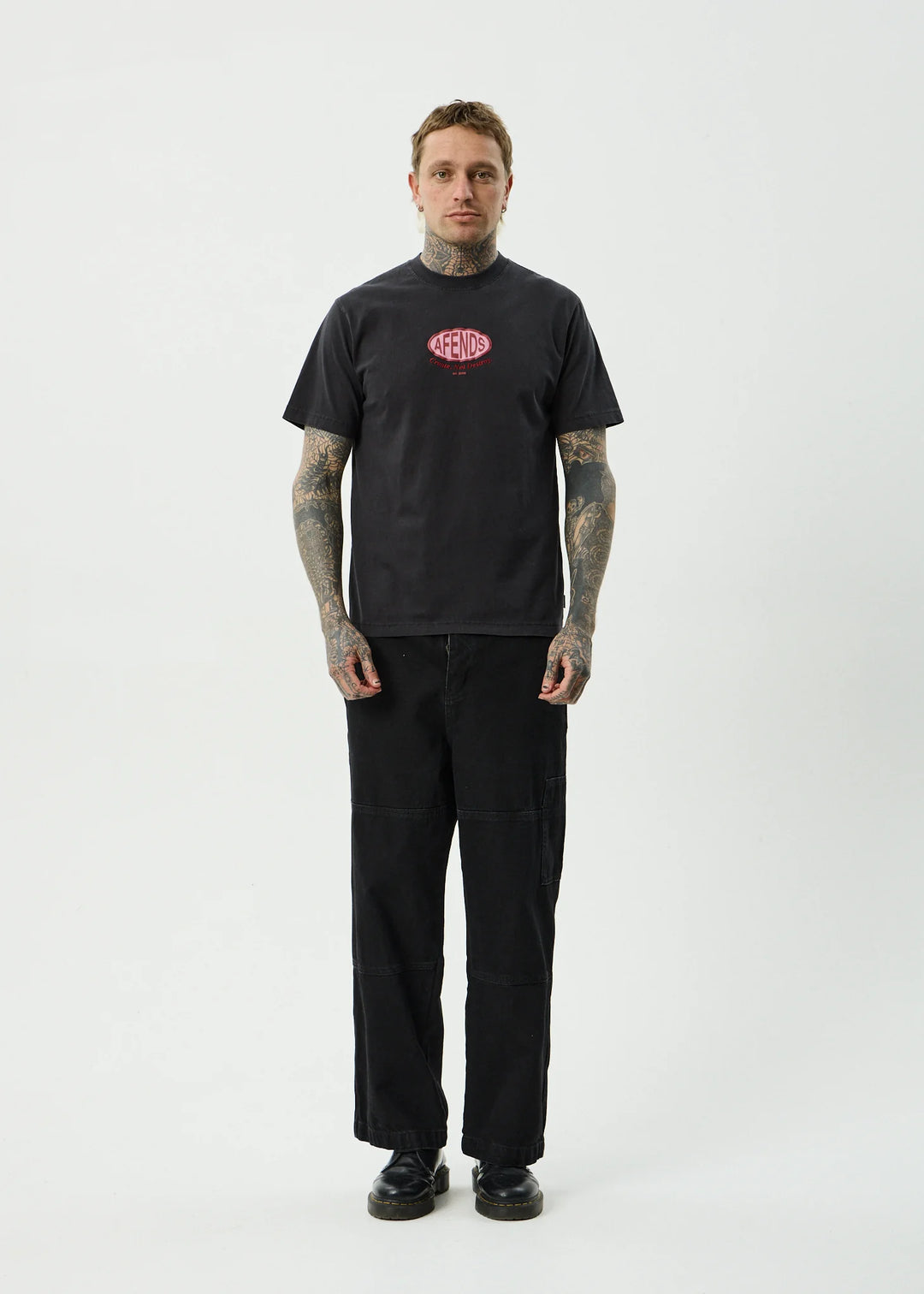 AFENDS Mens Destroyed Retro Tee in Stone Black
