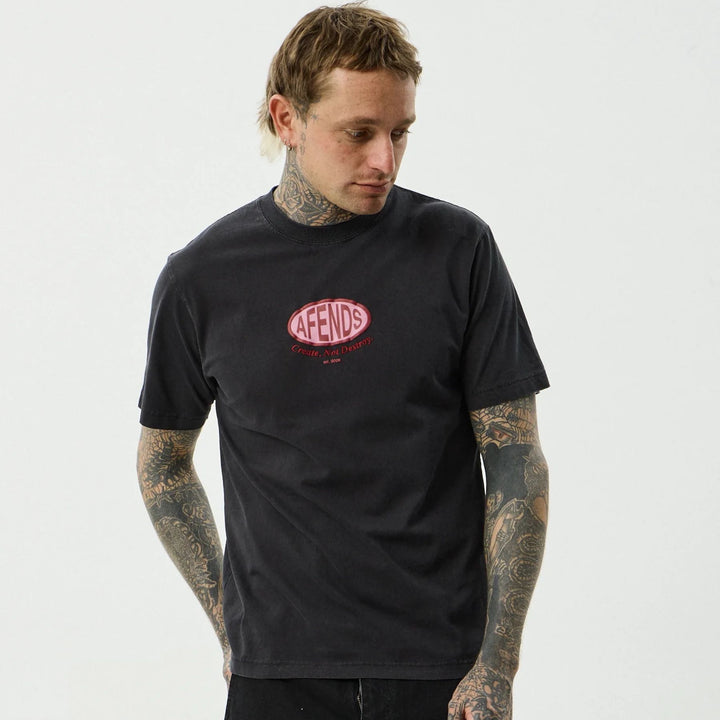 AFENDS Mens Destroyed Retro Tee in Stone Black