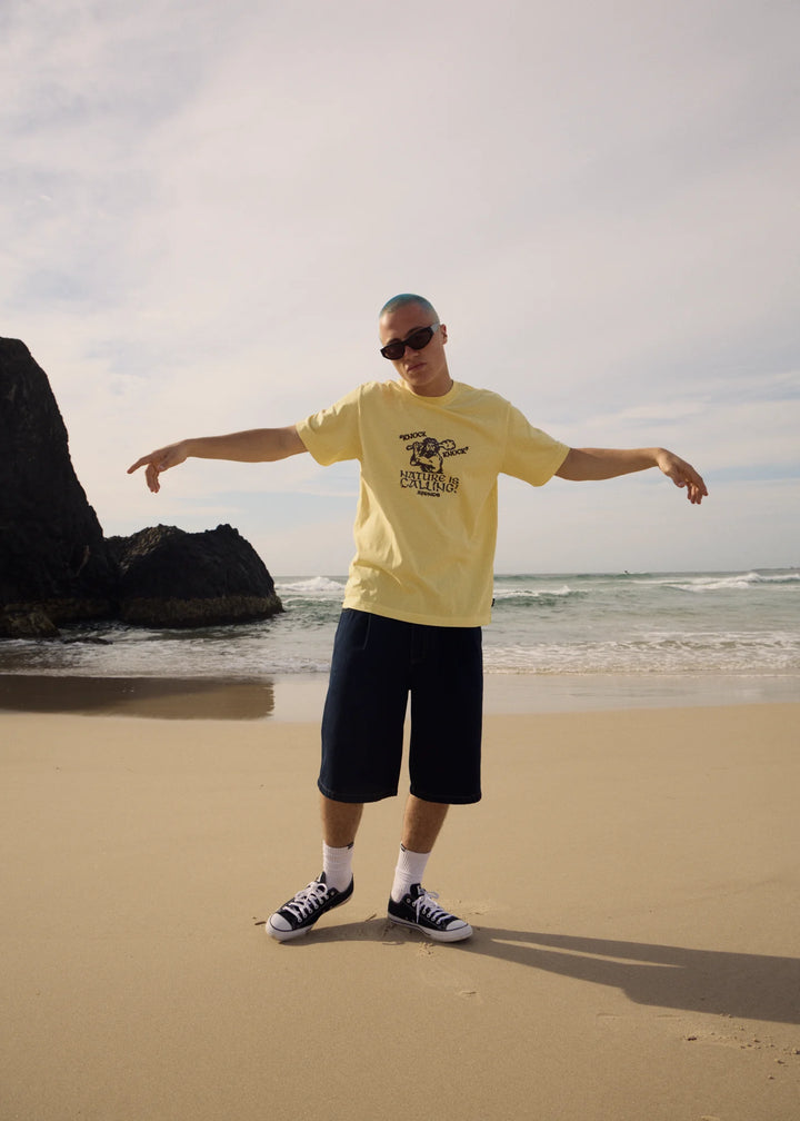 AFENDS Mens Knock Knock - Retro Tee - Washed Lemon