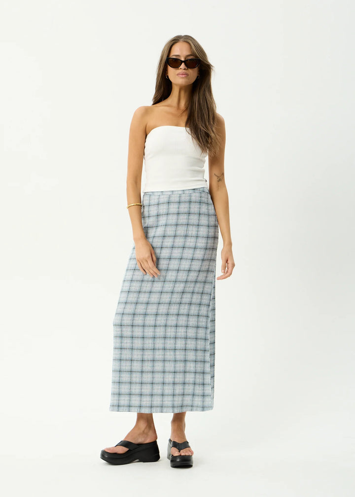 AFENDS Womens Lagoon Seersucker Maxi Skirt in Overcast Check, WOMENS SKIRTS, AFENDS, Elwood 101