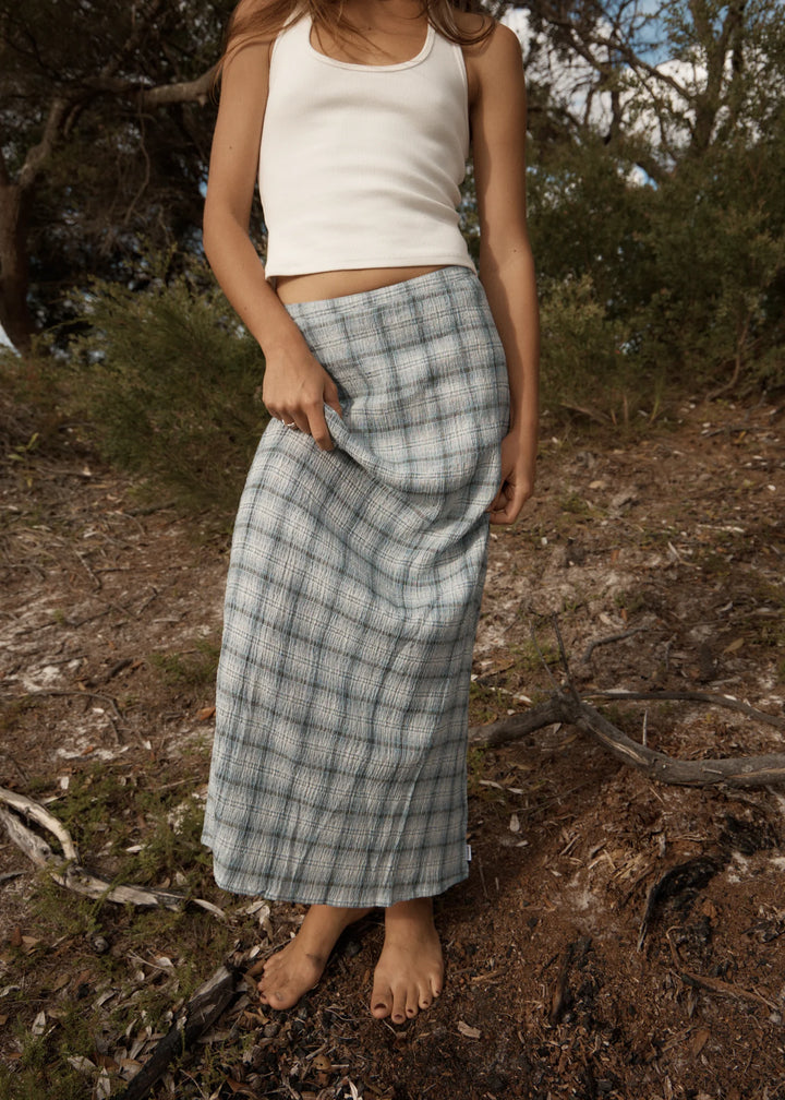 AFENDS Womens Lagoon Seersucker Maxi Skirt in Overcast Check, WOMENS SKIRTS, AFENDS, Elwood 101