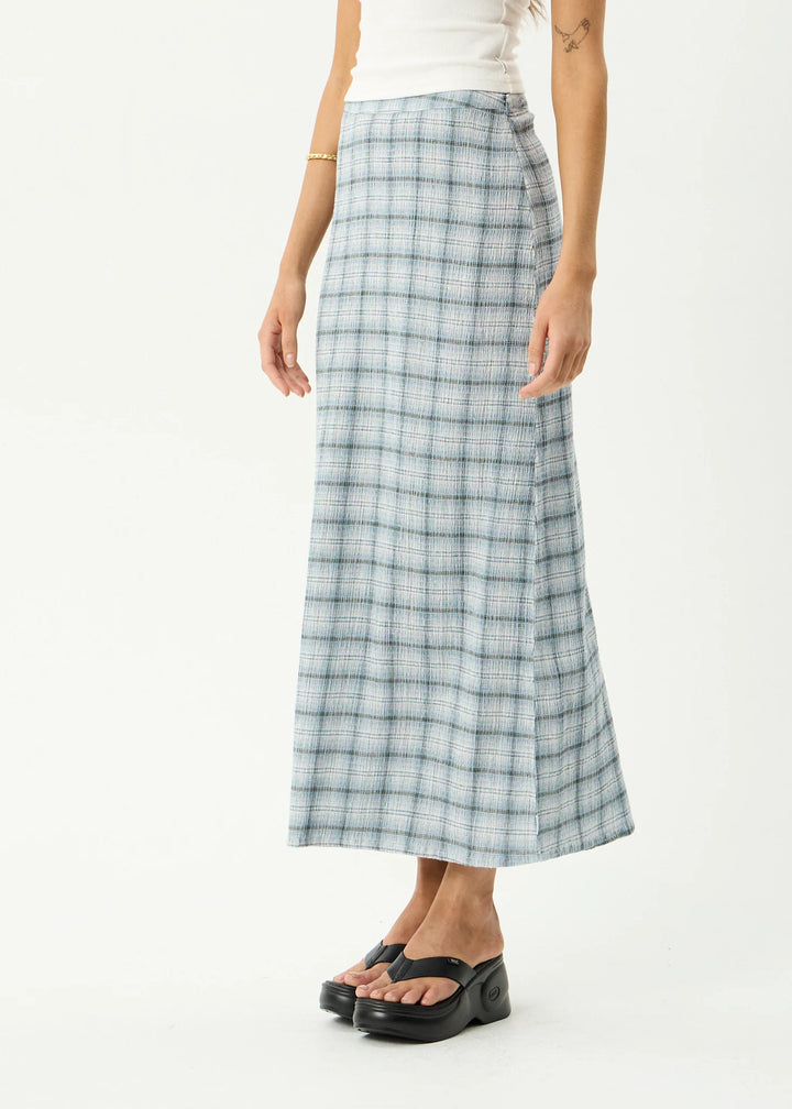 AFENDS Womens Lagoon Seersucker Maxi Skirt in Overcast Check, WOMENS SKIRTS, AFENDS, Elwood 101