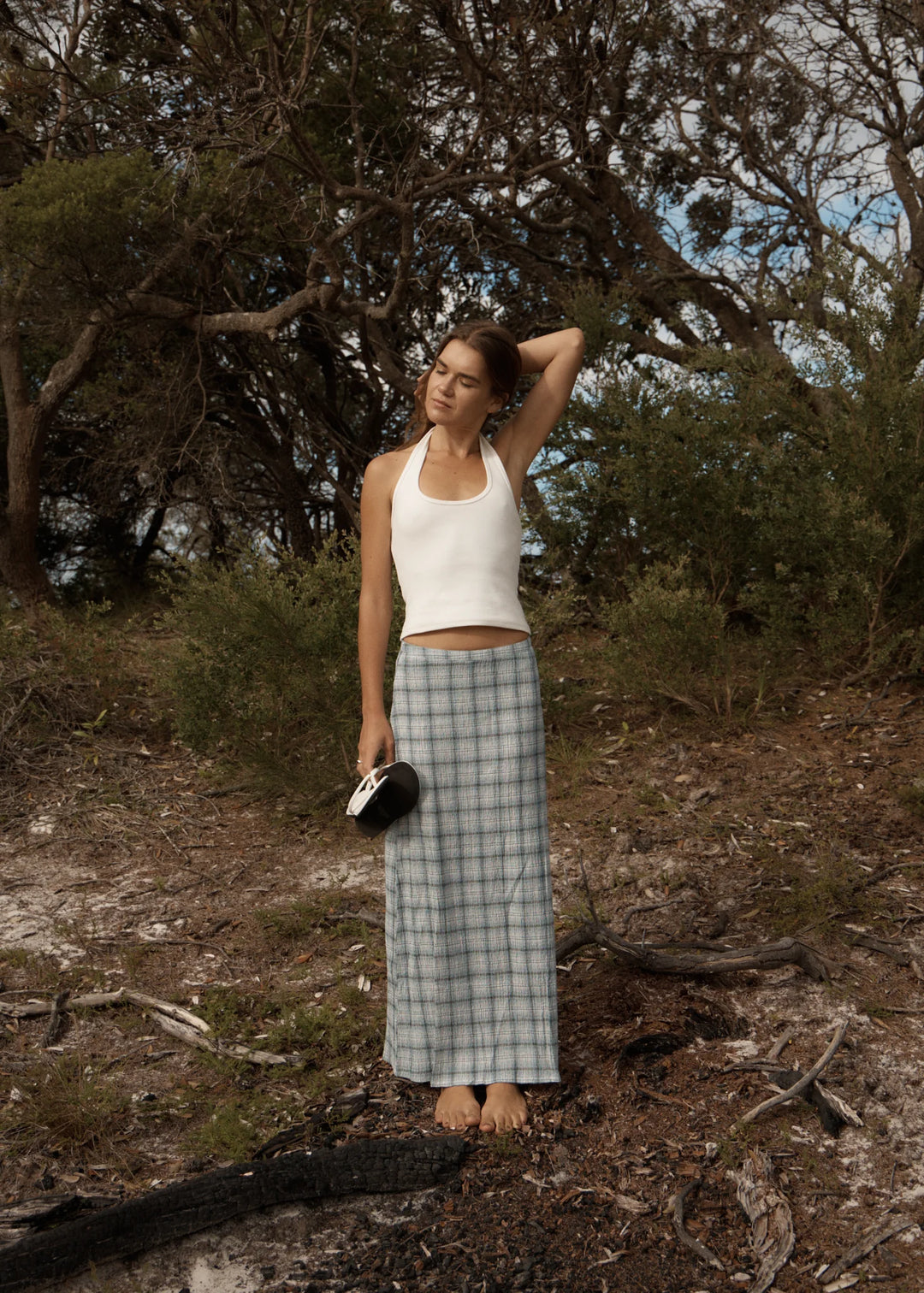 AFENDS Womens Lagoon Seersucker Maxi Skirt in Overcast Check, WOMENS SKIRTS, AFENDS, Elwood 101