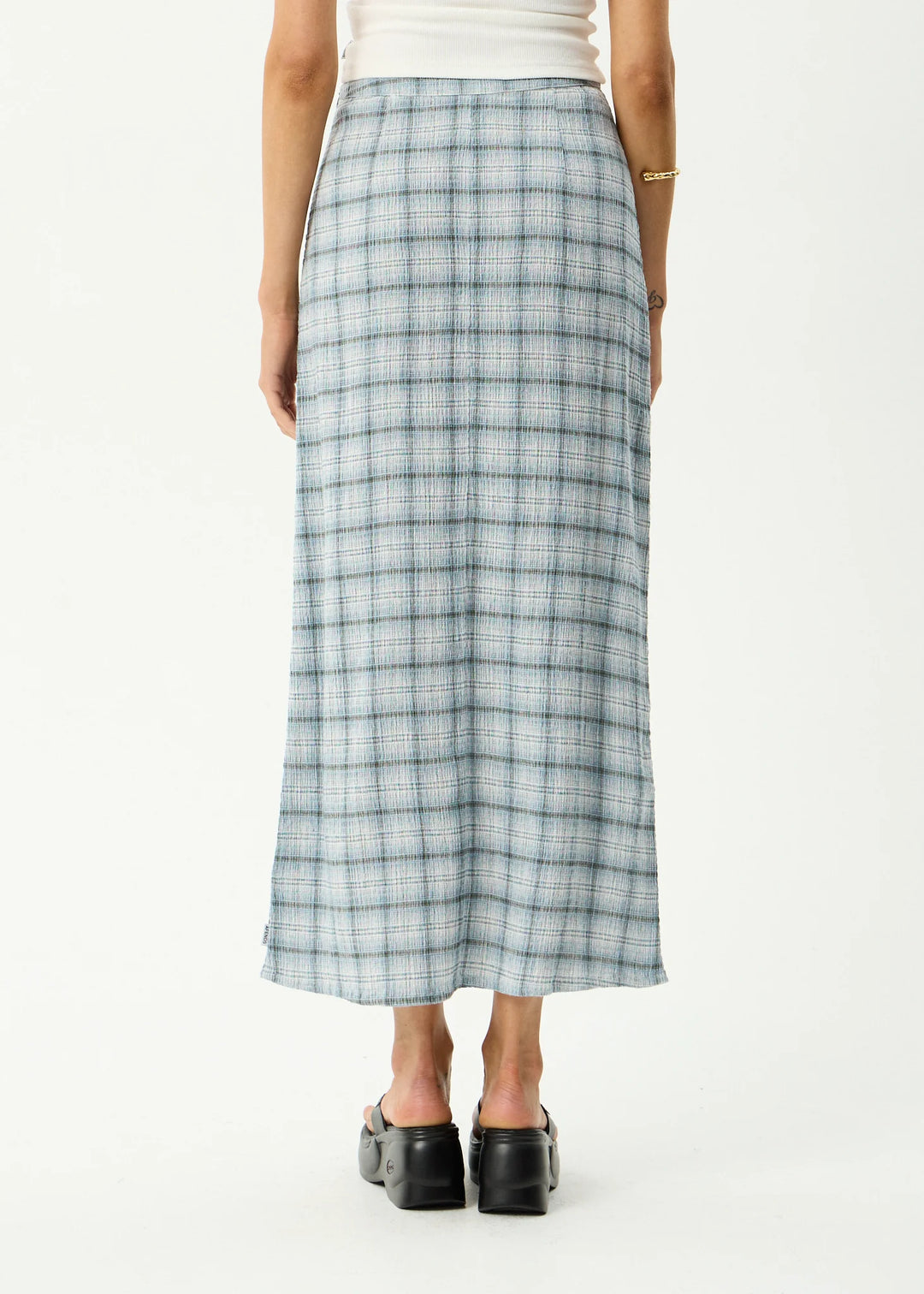 AFENDS Womens Lagoon Seersucker Maxi Skirt in Overcast Check, WOMENS SKIRTS, AFENDS, Elwood 101