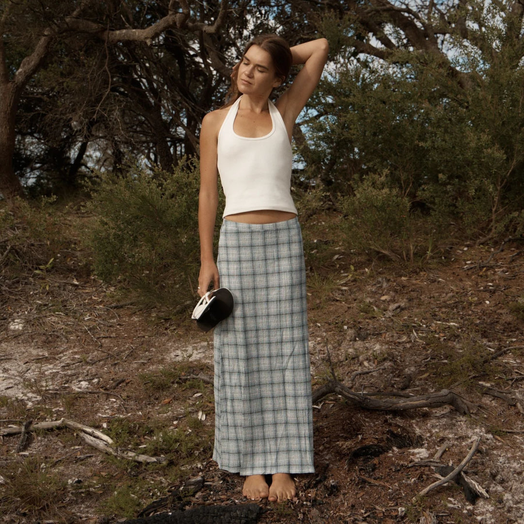 AFENDS Womens Lagoon Seersucker Maxi Skirt in Overcast Check, WOMENS SKIRTS, AFENDS, Elwood 101