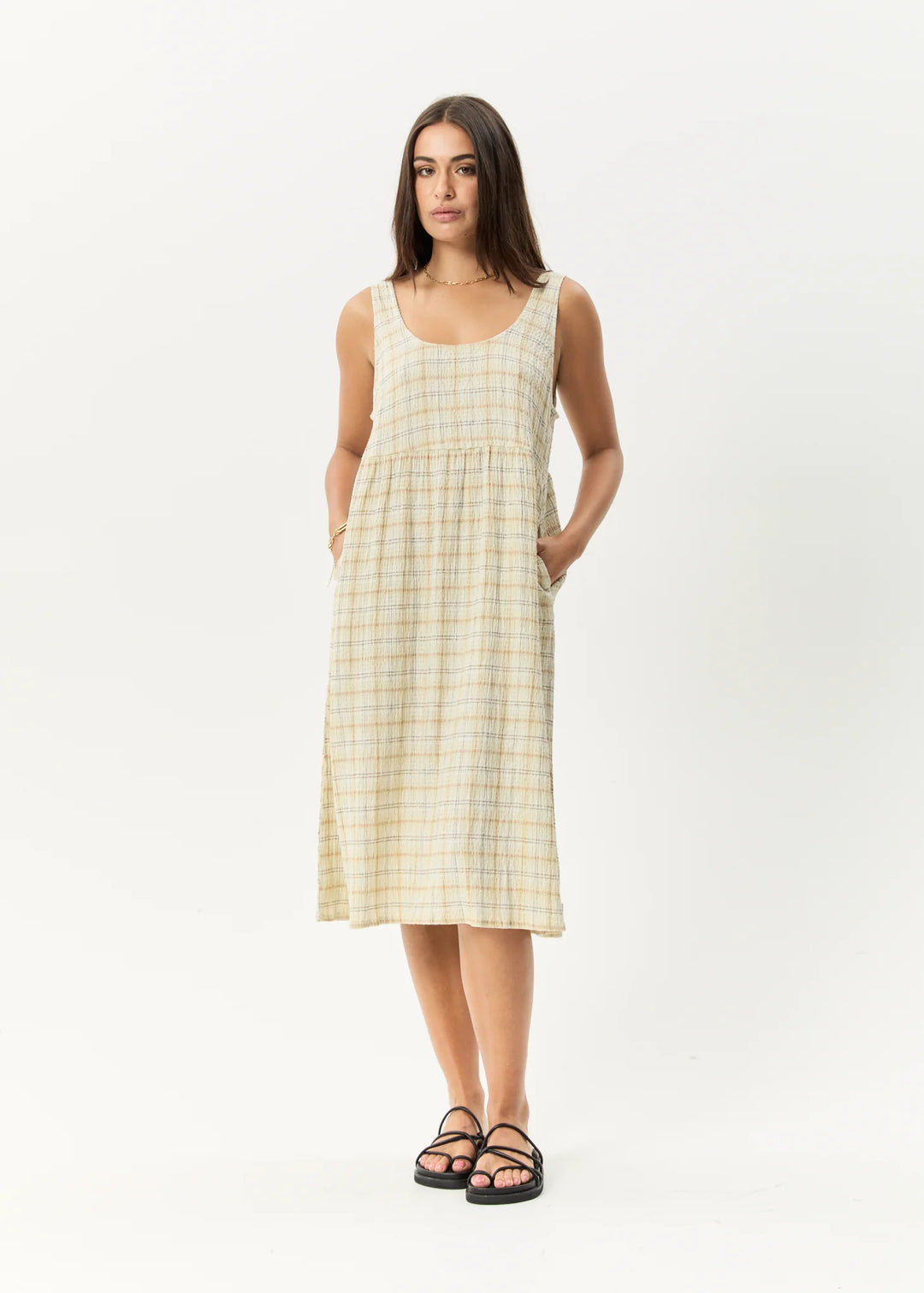 AFENDS Womens Position - Seersucker Check Midi Dress - Tan Check, WOMENS DRESSES, AFENDS, Elwood 101