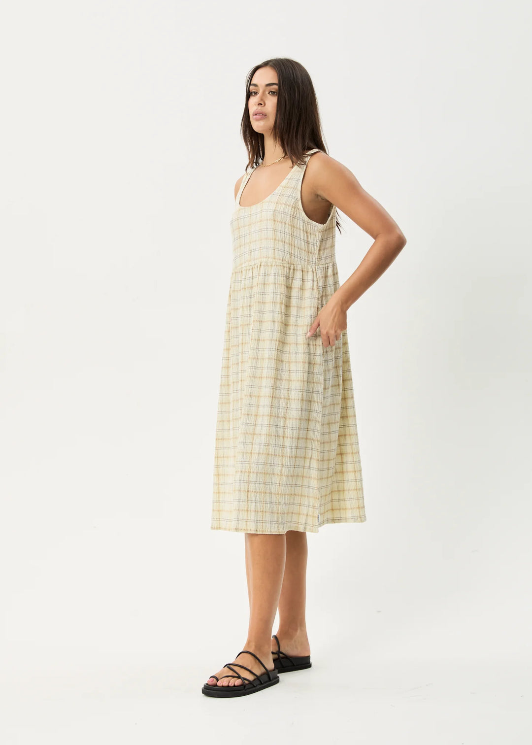 AFENDS Womens Position - Seersucker Check Midi Dress - Tan Check, WOMENS DRESSES, AFENDS, Elwood 101